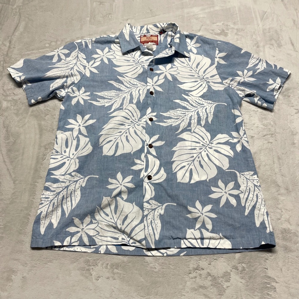 RJC Mens Shirt Large Blue Hawaiian Reverse Print Monstera Leaf Cotton